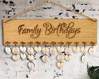 Engraved Oak Wood Family Birthday Calendar: Rustic Wall Hanging Board
