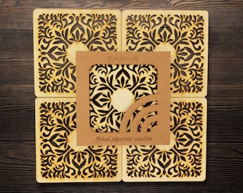 Square Coaster of Wood, Housewarming Gift Set of 4 Laser Cut Coaster with Holder, Coffee Table Decoration: Tea Party Accent