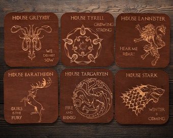 Game of Thrones Art: Engraved Drink Coaster Set of 6, Wooden Drink Mat Targaryen, Stark Family House Ornament, GOT Series Home Decor Gift