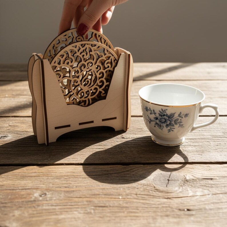 A set of wooden laser cut coasters in a wooden stand. Placemats are cut out with floral motifs. The set includes 4 round drinking coasters.