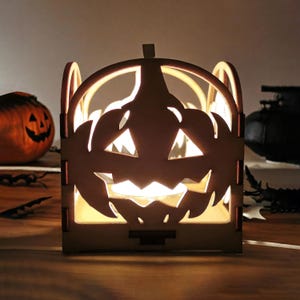 Wooden Pumpkin Candle Holder: Rustic Halloween, Jack O lantern Tea Light Shadow, Laser cut Home Horror Ornament, Spooky Fall Decoration