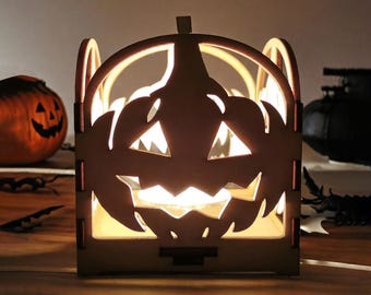 Laser Cut Wooden Pumpkin Candle Holder: Rustic Halloween Decor, Tea Light Shadow Box