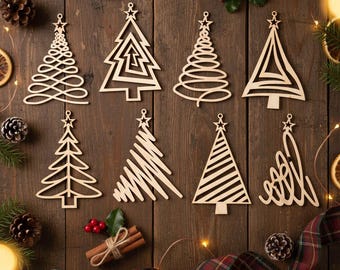 Rustic Wooden Christmas Tree Ornament Set of 8: Laser Cut Holiday Decor