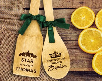 Custom engraved wooden spoon and spatula set, Personalized kitchen cooking accessories, Bamboo Baking ware gift for chef, cook, baker