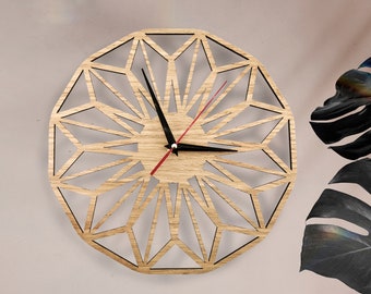 Geometric Wall Clock: Modern Flower, Laser cut Home Decor Retro Wall Hanging Art, Rustic Kitchen Watch 30 cm/12" (or 19") of Oak/Walnut