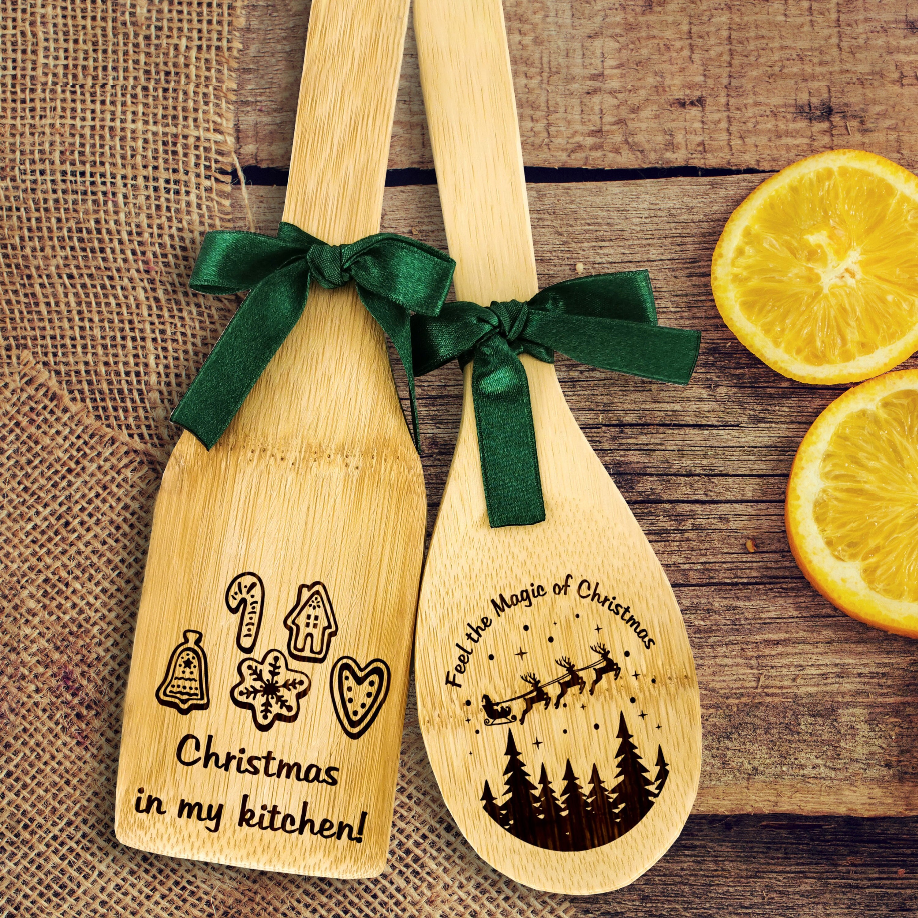 5 Pièces Cuillères En Bambou De Noël 30cm - Ustensiles Cuisine Spatules Bois Noël Pour Cuisson Et Décoration