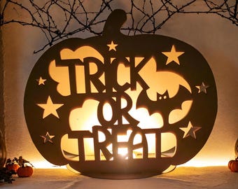 Wood Jack O' Lantern: 'Trick or Treat' Halloween Candle Holder
