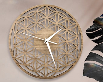 Flower of life Wooden Wall Clock, Modern Hanging Decor: Rustic Gift for Home, Laser Cut Geometric Wall Art, Oak/Walnut 30 cm/12" (or 19")