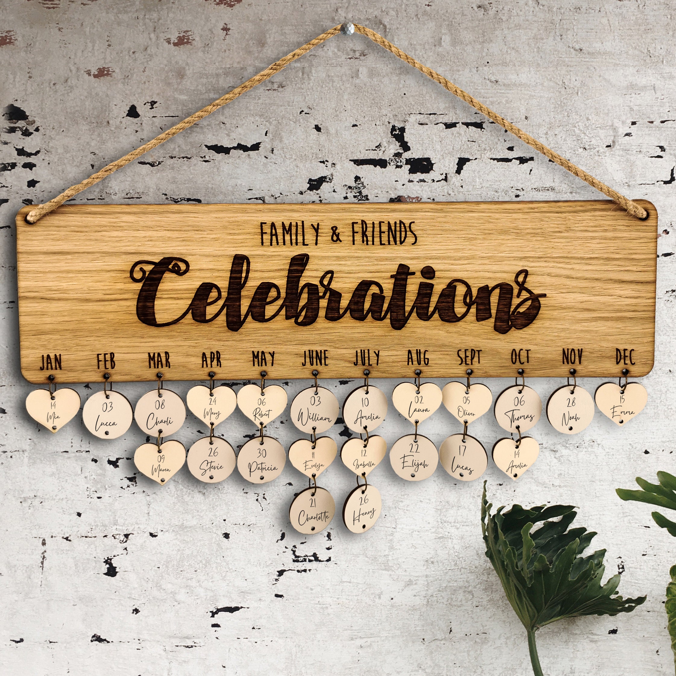 Engraved Oak Family Celebration Calendar: Birthday Reminder Board