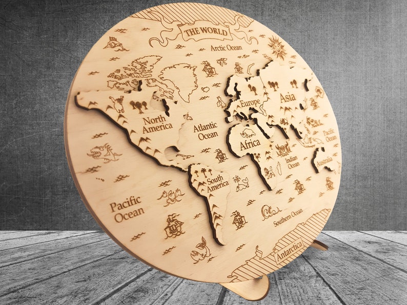 World map puzzle of wood, Laser engraved 3D map of the world, Custom educational geographical toy, Home decoration housewarming gift 