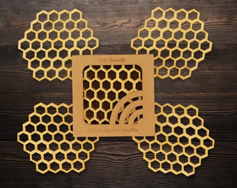 Honeycomb Bee Coaster Set of 4 with Holder, Hexagon Geometric Wooden Placemat for Beverage Cup, Laser cut Drink Mat Souvenirs Gift for Home