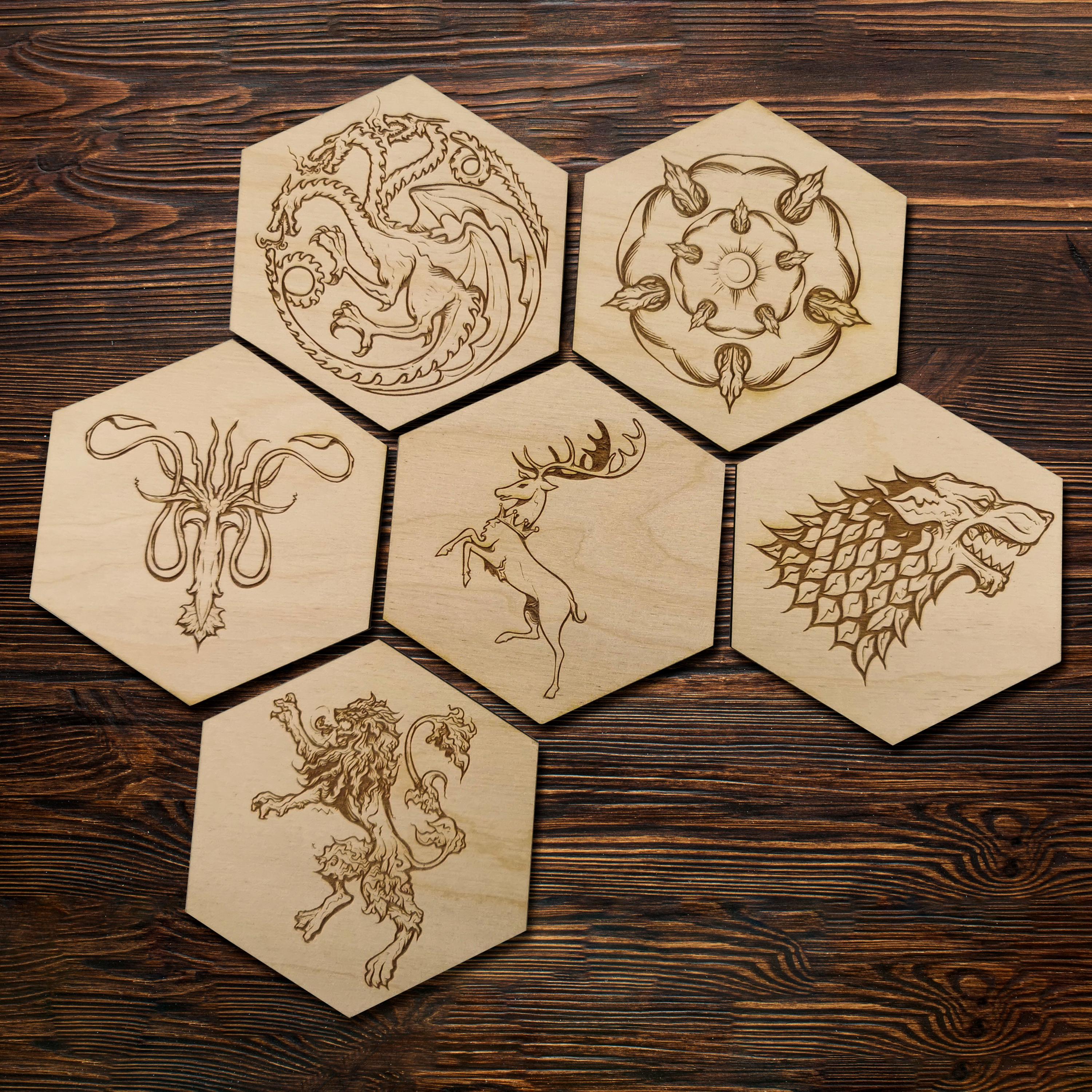 Game of Thrones Coasters: Engraved Rustic Wood Table Decoration, Set of 6