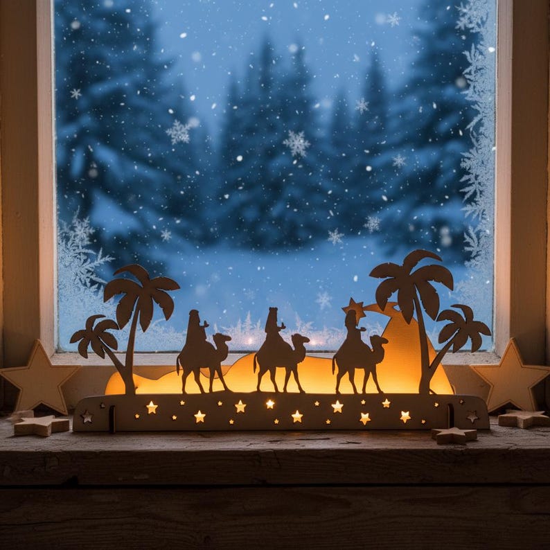 Wooden Christmas decoration 3 kings placed on the windowsill. Candles are lit inside the decoration. The decoration is made of natural wood. Unvarnished.