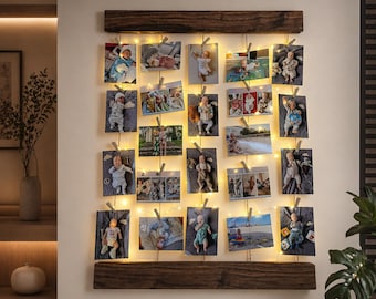 Custom Photo Hanger of Wood with LED Lights: Rustic Walnut Wall Decor