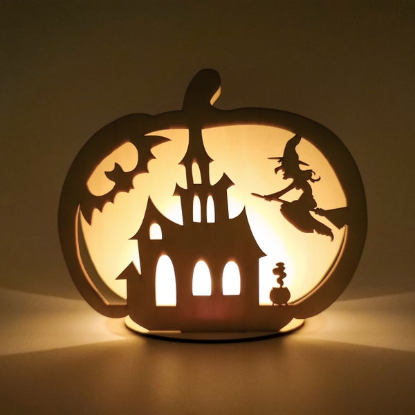 Bougeoir sortilège de sorcière, lanterne citrouille lumineuse d'Halloween, bougeoir rustique en bois pour décoration d'automne, cadeau d'ornement de maison horreur pour enfant/adulte