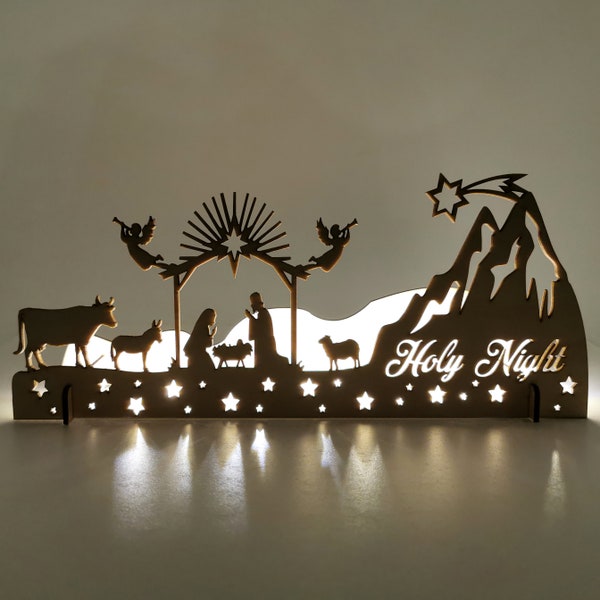 Nativity Scene Ornament Christmas Eve Decoration, Laser Cut Wood Xmas Light Village, Oh Holy Night Mantel Decor for Home - Holiday gift