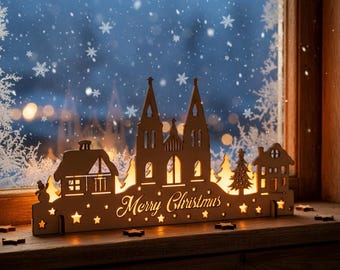 Laser Cut Wood Christmas Village Scene with Lighting: Rustic Winter Town Decoration