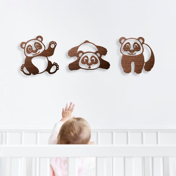 Panda Wall Art: Laser-Cut Wood Nursery Decor, Baby Room Accent Set of 3