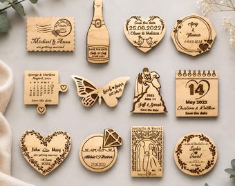 Imán rústico para anunciar la fecha de la boda: recuerdo de madera personalizado para los invitados.