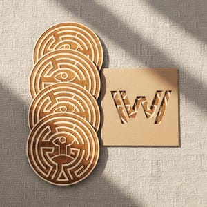 Westworld Maze Engraved Coaster of Wood, Kitchen Placemat Kits Set of 4 Drink Table Mat, TV Show Ornament - Practical Gift for Friend, Dad