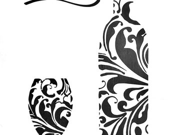 Wine Bottle and Glass Stencil for walls furniture or craft use, Overall image size 218mm x 380mm