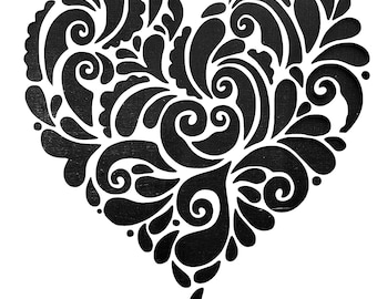Pochoir design coeurs en filigrane, tourbillons et volutes, pour murs, meubles, tissus, décoration intérieure et de nombreux travaux manuels - Taille de l&#39;image 190 mm x 190 mm