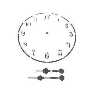May include: A black and white clock face stencil with Roman numerals and Arabic numerals. The stencil includes two clock hands.