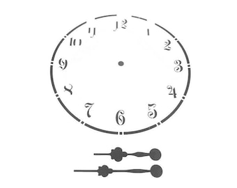 May include: A black and white clock face stencil with Roman numerals and Arabic numerals. The stencil includes two clock hands.