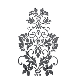 May include: A black and white damask pattern with intricate floral designs. The pattern is symmetrical and features a central motif with swirling vines and leaves.