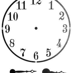 May include: Black and white clock face stencil with Roman numerals 1 through 12. The stencil includes two clock hands.