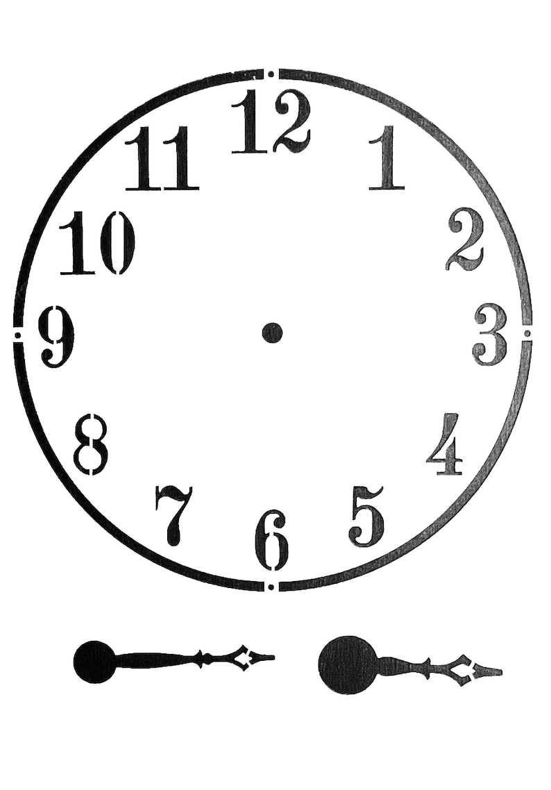 Puede incluir: Plantilla de esfera de reloj en blanco y negro con n&uacute;meros romanos del 1 al 12. La plantilla incluye dos manecillas de reloj.