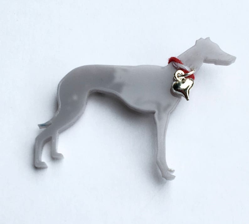 Greyhound Brooch Lapel Pin with Silver Heart Collar