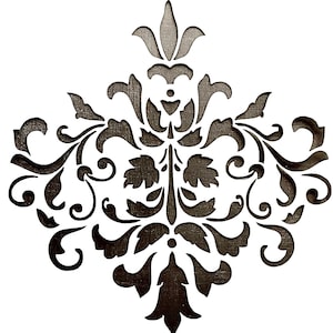 May include: A black and white damask design with intricate floral patterns. The design is symmetrical and features a central motif with swirling leaves and scrolls.