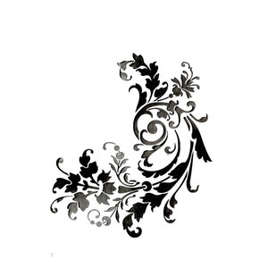 May include: Black and white floral design with intricate swirls and leaves. The design is reminiscent of a traditional damask pattern.