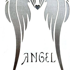 May include: A stylized illustration of angel wings in shades of gray, with a heart at the center. The word "ANGEL" is written in a decorative font below the wings. The design is set against a white background.