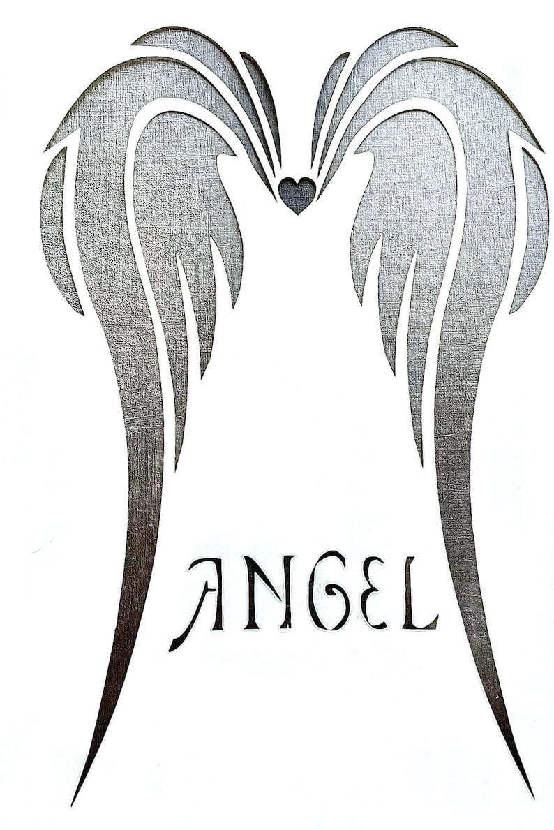 May include: A stylized illustration of angel wings in shades of gray, with a heart at the center. The word "ANGEL" is written in a decorative font below the wings. The design is set against a white background.