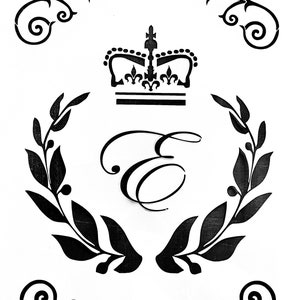 May include: Black and white stencil design featuring a crown, a wreath with leaves and berries, and the letter E. The design is ideal for creating a monogram or adding a touch of elegance to a project.