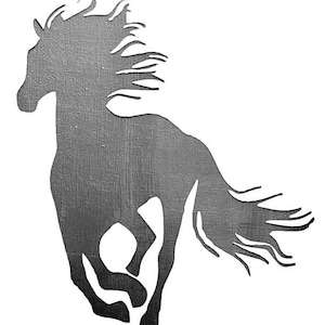 May include: A black and white silhouette of a horse running with its mane and tail flowing in the wind.