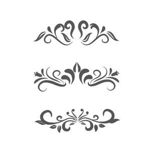 May include: Three decorative black floral dividers. Each divider features a different design with intricate swirls and leaves.