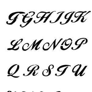 May include: A black and white image of the alphabet in a cursive font. The letters are stylised and have a flowing, elegant appearance.