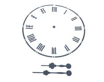 May include: A gray clock face with Roman numeral markings and two gray clock hands.