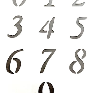 May include: A set of ten black and gray numbers, 0 through 9, in a handwritten font style. The numbers are cut out of a white background.