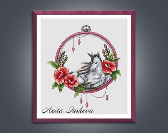 Cross stitch pattern Unicorn with Poppies modern embroidery chart counted cross stitch pdf instant download