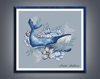 Cross stitch pattern Blooming Ocean cross stitch pattern modern embroidery Whale flowers chart counted cross stitch pdf instant download