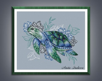 Cross stitch pattern Blooming Turtle cross stitch pattern modern embroidery Marine flowers chart counted cross stitch pdf instant download