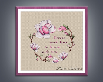 Cross stitch pattern The Wreath of Magnolias cross stitch pattern modern embroidery Flower chart counted cross stitch pdf instant download