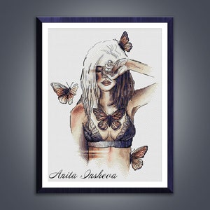 Cross stitch pattern Feeling Tender Woman cross stitch pattern modern embroidery chart Butterfly counted cross stitch pdf instant download