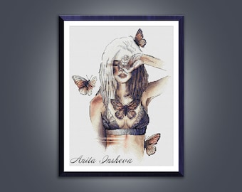 Cross stitch pattern Feeling Tender Woman cross stitch pattern modern embroidery chart Butterfly counted cross stitch pdf instant download