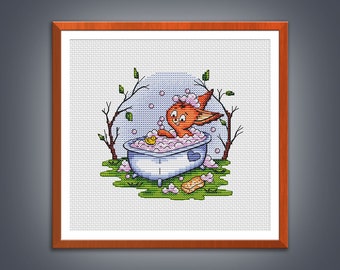 Cross stitch pattern The little Fox Taking Bath cross stitch Fox pattern Embroidery chart pdf instant download