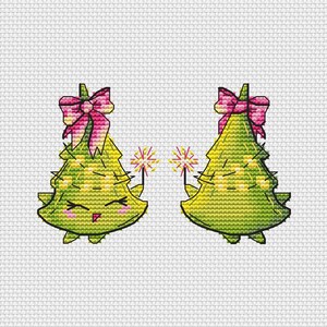 May include: Two green Christmas trees with pink bows and yellow lights, holding sparklers. The trees have smiling faces.